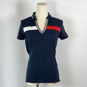 Tommy Hilfiger Women Navy Blue V Neck Short Sleeve Polo Shirt XS